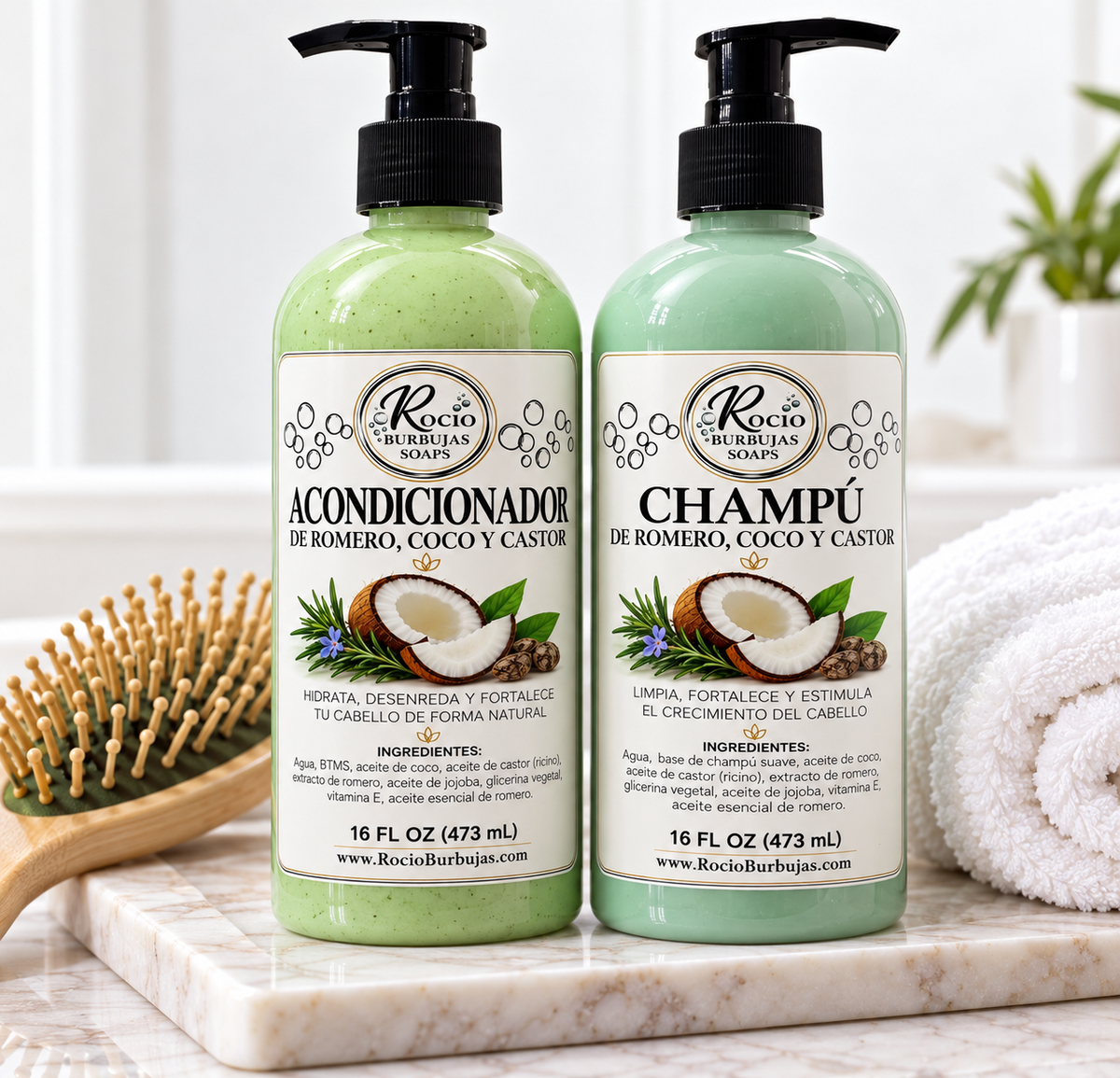 Champú y acondicionador natural sin químicos,Romero,coco y castor